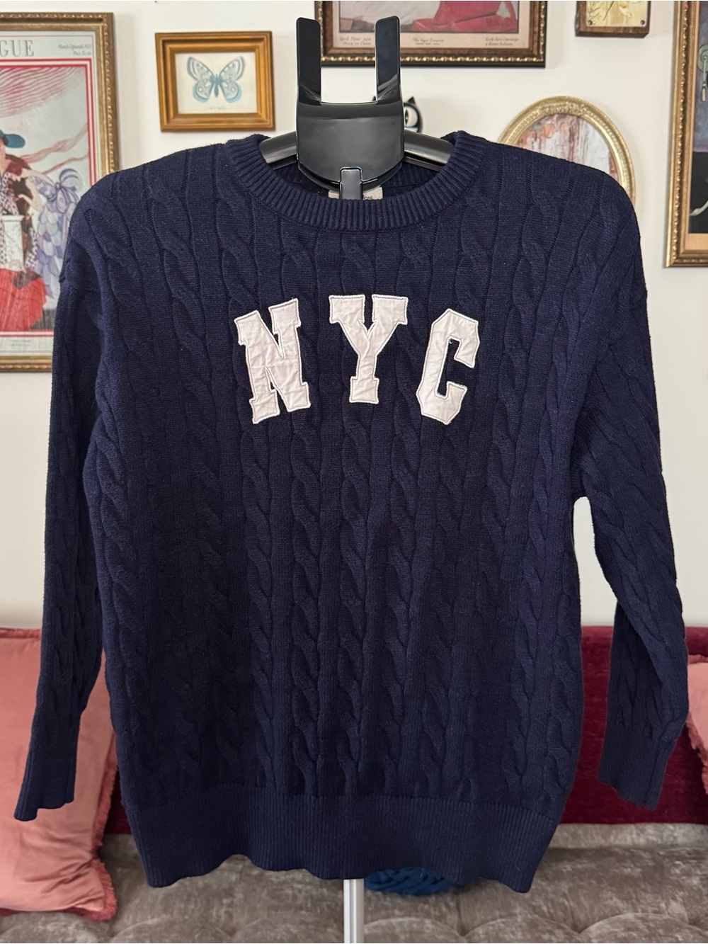 NYC Cable Knit Crewneck Sweater - Navy